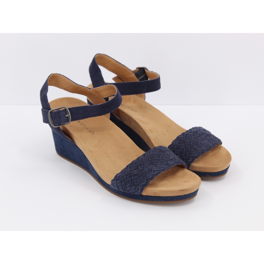 Lucky Brand‎ Kennette Wedge Sandals size 7.5 Open toe Blue woven Suede Preppy